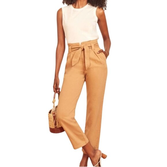 Reformation Evie Pants Butterscotch Paperbag Belted Ankle Organic Cotton Size28 - Picture 5 of 12